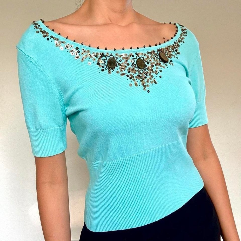 Y2K Turquoise Beaded Embellished Knit Top